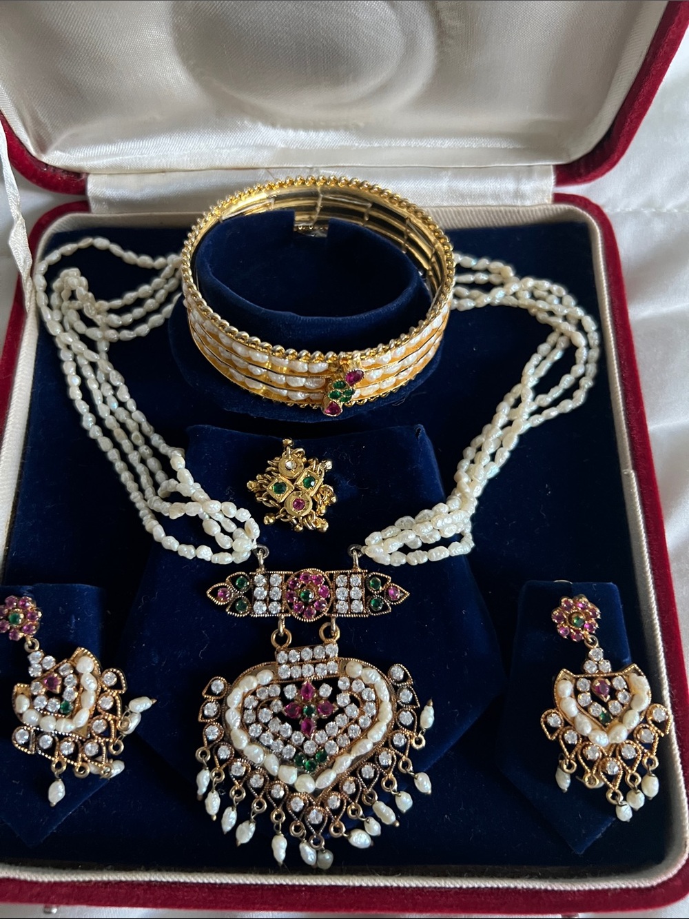 Pearl and Gold-tone Kundan Necklace Set with Green & Pink Accents